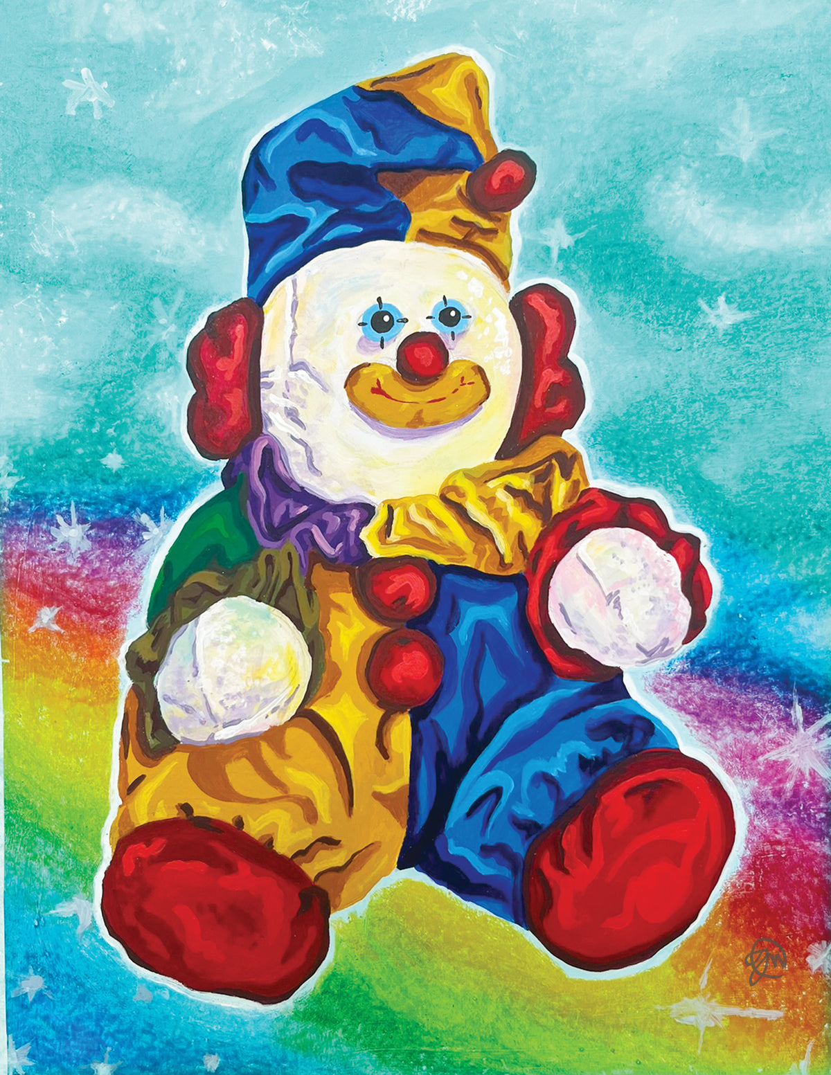 clown, stuffed animal still life painting
