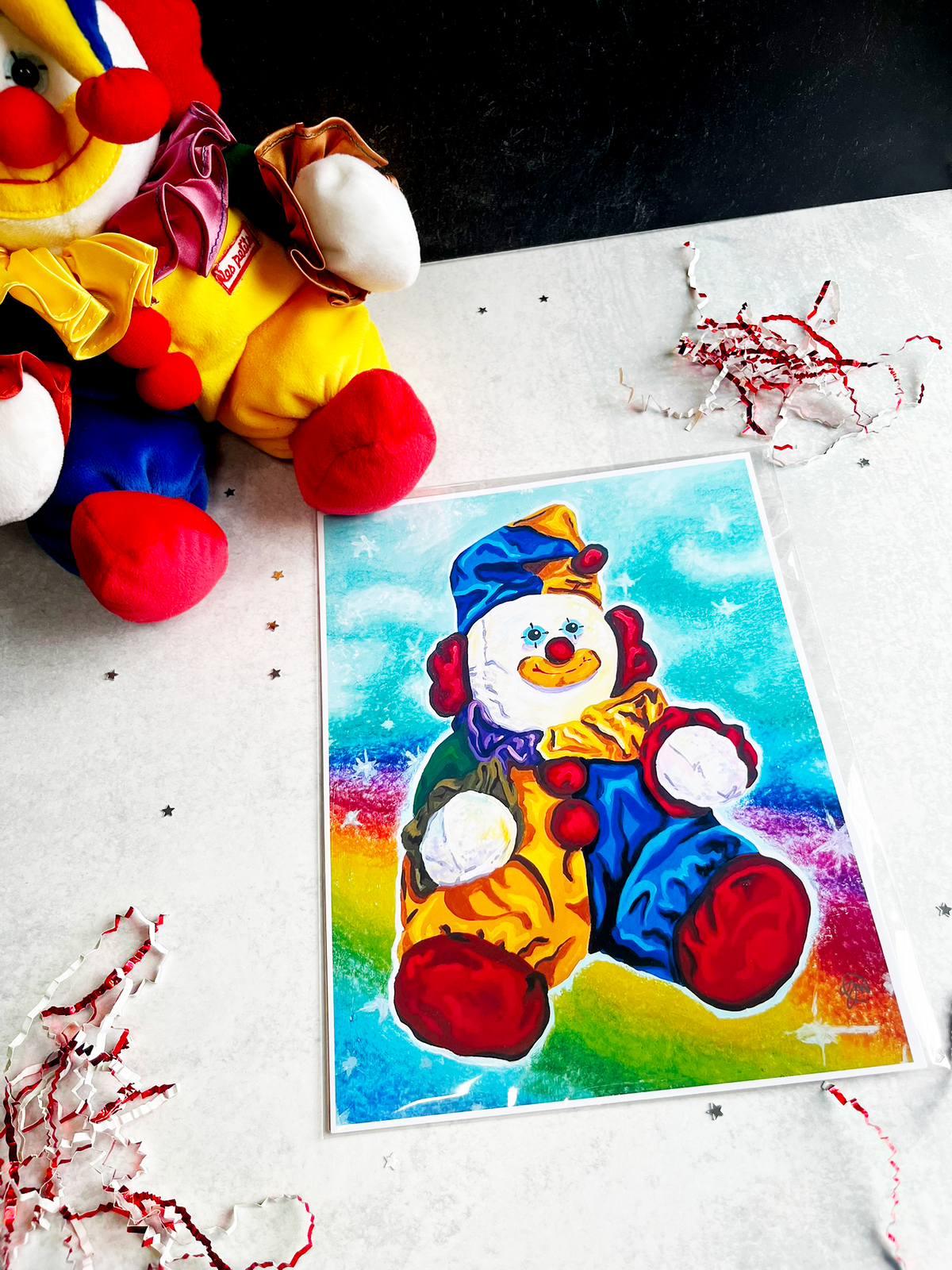 clown print on table