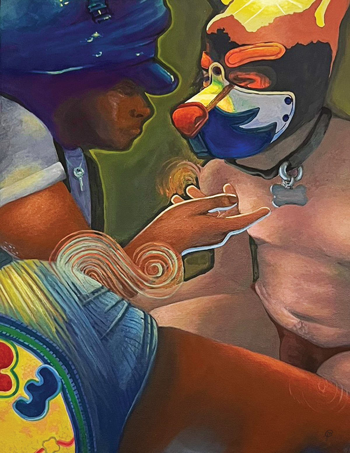 Artwork depicting two queer people engaging in fetish acts in a surrealist art style.